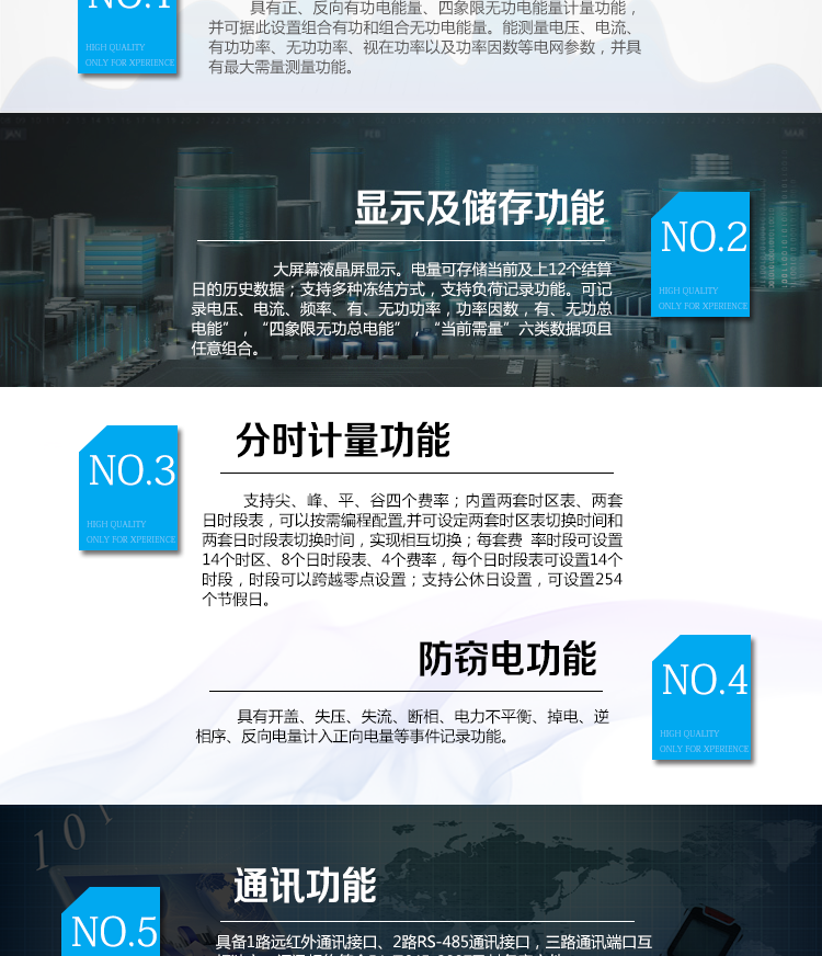 海興DTSD208三相四線電能表主要功能
　　計量功能
　　具有正、反向有功電能量、四象限無功電能量計量功能，并可據(jù)此設(shè)置組合有功和組合無功電能量
　　分時計量功能
　　支持尖、峰、平、谷四個費(fèi)率;內(nèi)置兩套時區(qū)表、兩套日時段表，可以按需編程配置,并可設(shè)定兩套時區(qū)表切換時間和兩套日時段表切換時間，實(shí)現(xiàn)相互切換;每套費(fèi)率時段可設(shè)置14個時區(qū)、8個日時段表、4個費(fèi)率(尖、峰、平、谷)，每個日時段表可設(shè)置14個時段，時段可以跨越零點(diǎn)設(shè)置;支持公休日設(shè)置，可設(shè)置254個節(jié)假日。
　　測量功能
　　能測量電壓、電流、有功功率、無功功率、視在功率以及功率因數(shù)等電網(wǎng)參數(shù)，并具有最大需量測量功能。測量準(zhǔn)確度高，可提供0.5S級、1.0級等不同計量精度供選擇。
　　數(shù)據(jù)存儲功能
　　電量可存儲當(dāng)前及上12個結(jié)算日的歷史數(shù)據(jù);支持多種凍結(jié)方式，包括：日凍結(jié)、整點(diǎn)凍結(jié)、定時凍結(jié)、瞬時凍結(jié)、約定凍結(jié)。支持負(fù)荷記錄功能。可記錄“電壓、電流、頻率”，“有、無功功率”，“功率因數(shù)”，“有、無功總電能”，“四象限無功總電能”，“當(dāng)前需量”六類數(shù)據(jù)項且任意組合。負(fù)荷記錄間隔時間可以在1min～ 60min范圍內(nèi)設(shè)置。
　　事件記錄功能
　　分別記錄最近10次失壓、全失壓、斷相、失流、電壓逆相序、潮流反向、需量清零、編程、校時、開表蓋、停電、電量清零。
　　通信功能
　　具備1路遠(yuǎn)紅外通訊接口、2路RS-485通訊接口，三路通訊端口互相獨(dú)立。通訊規(guī)約符合DL/T645-2007及其備案文件。
　　電源管理
　　輔助電源供電電壓為(100～240)V交、直流自適應(yīng)。輔助電源可設(shè)置為PT供電方式優(yōu)先或輔助電源供電方式優(yōu)先。
　　用戶交互界面
　　采用大屏幕液晶顯示，提供豐富的圖形或文字提示信息;顯示內(nèi)容可通過按鍵循環(huán)查詢，顯示項目可通過通信口按需配置;提供液晶背光，方便查看。支持停電喚醒功能，能通過按鍵或非接觸方式喚醒電能表，實(shí)現(xiàn)屏幕顯示抄讀電量和紅外通信口抄讀電量等數(shù)據(jù)。