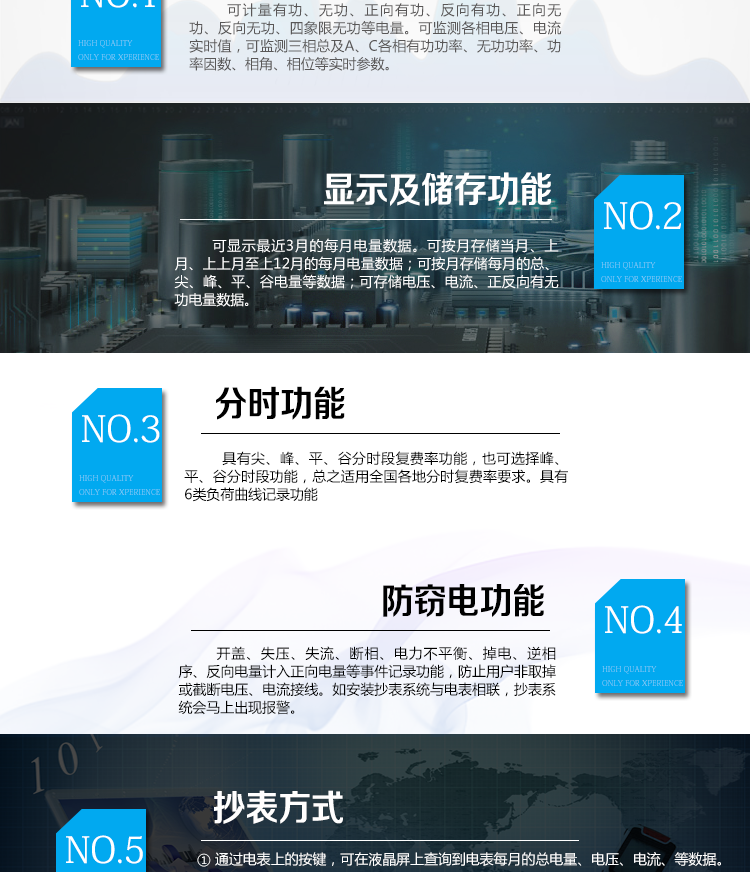 杭州百富華隆DSZ532三相三線智能電能表主要功能
　　電能計(jì)量功能
　　計(jì)量參數(shù)：可計(jì)量有功、無(wú)功、正向有功、反向有功、正向無(wú)功、反向無(wú)功、四象限無(wú)功等電量。
　　監(jiān)測(cè)參數(shù)：可監(jiān)測(cè)各相電壓、電流實(shí)時(shí)值，可監(jiān)測(cè)三相總及A、C各相有功功率、無(wú)功功率、功率因數(shù)、相角、相位等實(shí)時(shí)參數(shù)。
　　分時(shí)功能：具有尖、峰、平、谷分時(shí)段復(fù)費(fèi)率功能，也可選擇峰、平、谷分時(shí)段功能，總之適用全國(guó)各地分時(shí)復(fù)費(fèi)率要求。
　　數(shù)據(jù)存儲(chǔ)：可按月存儲(chǔ)當(dāng)月、上月、上上月至上12月的每月電量數(shù)據(jù);可按月存儲(chǔ)每月的總、尖、峰、平、谷電量等數(shù)據(jù);可存儲(chǔ)電壓、電流、正反向有無(wú)功電量數(shù)據(jù)。
　　具有6類負(fù)荷曲線記錄功能。
　　顯示功能：可顯示最近3月的每月電量數(shù)據(jù)。
　　防竊電功能
　　開(kāi)蓋記錄功能，防止非法更改電路。
　　電壓合格率、失壓記錄功能，防止用戶非法取掉或截?cái)嚯妷航泳€，如已發(fā)生，可通過(guò)記錄的時(shí)間核算所損失的電量，為追補(bǔ)電量提供依據(jù)。
　　失流、斷相記錄功能，防止用戶非法短接電流接線，如已發(fā)生，可通過(guò)記錄的時(shí)間核算所損失的電量，為追補(bǔ)電量提供依據(jù)。
　　電流不平衡記錄：可警惕用戶在電表接線的前端截取電量。
　　掉電記錄功能，防止用戶非法取下電表的工作電源，如已發(fā)生，可通過(guò)記錄的時(shí)間核算所損失的電量，為追補(bǔ)電量提供依據(jù)。
　　反向電量計(jì)入正向電量，用戶如將電流線接反，電表照樣正向走字，不具有竊電作用。
　　逆相序報(bào)警，用戶非法接線，電表會(huì)報(bào)警，除非把線接正確，否則一直報(bào)警。
　　以上情況如發(fā)出，電表會(huì)出現(xiàn)報(bào)警標(biāo)志，如安裝抄表系統(tǒng)與電表相聯(lián)，抄表系統(tǒng)會(huì)馬上出現(xiàn)報(bào)警。