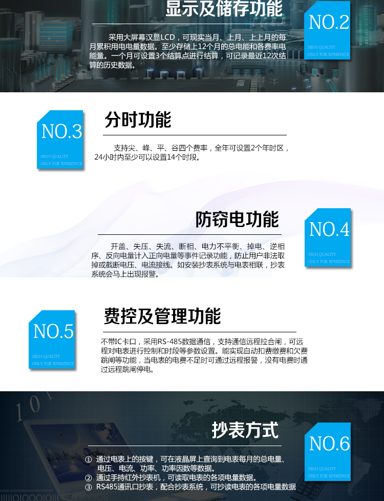 華立DDZY285-J電能表主要功能
　　電能計量功能
　　計量參數：具有正、反向組合有功電能的計量功能，組合有功電能可由正反向有功電能進行選擇性組合。
　　測量功能：能測量電壓、電流(包含零線)，有功功率以及功率因數等電網參數。
　　分時功能：支持尖、峰、平、谷四個費率，全年可設置2個年時區，24小時內至少可以設置14個時段。
　　數據存儲：至少存儲上12個月的總電能和各費率電能量。一個月可設置3個結算點進行結算，可記錄最近12次結算的歷史數據。
　　顯示功能：采用大屏幕漢顯LCD，可現實當月、上月、上上月的每月累積用電電量數據。
　　防竊電功能
　　開蓋記錄功能，記錄開表蓋總次數，防止非法更改電路。
　　反向電量計入正向電量，用戶如將電流線接反，不具有竊電作用，電表照樣正向走字
　　具有記錄編程、掉電、校時、跳閘等事件發生的時刻以及事件發生時電能表狀態，防止用戶更改電表數據。
　　具有凍結和報警功能。
　　以上情況如發出，電表會出現報警標志，如安裝抄表系統與電表相聯，抄表系統會馬上出現報警。
　　費控功能
　　電表不帶IC卡口，采用RS-485和無線進行數據通信，支持通信遠程拉合閘。
　　費控管理功能
　　可通過遠程對電能表進行遠程拉、合閘控制和時段等參數設置，進而對用戶的用電實施遠程管理。
　　能實現自動扣費繳費的功能和欠費跳閘等功能，當電表的電費不足時可以通過遠程報警，沒有電費時通過遠程跳閘停電，操作管理十分方便。
　　抄表方式
　　通過電表上的按鍵，可在液晶屏上查詢到電表每月的總電量、電壓、電流、功率、功率因數等數據。
　　通過手持紅外抄表機，可讀取電表的各項電量數據。
　　RS485通訊口抄表，配合抄表系統，可抄讀電表的各項電量數據。并支持DL/T645-2007多功能電能表通訊規約。