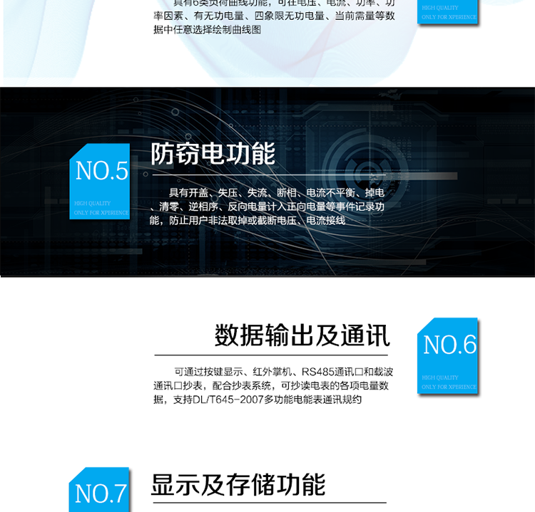 　主要功能
　　電能計(jì)量功能
　　可分時(shí)計(jì)量有功、無(wú)功、正向有功、反向有功、正向無(wú)功、反向無(wú)功電量和四象限無(wú)功等電量。
　　最大需量測(cè)量功能
　　可測(cè)量雙向有功、雙向無(wú)功和四象限無(wú)功的最大需量及其發(fā)生時(shí)間。
　　參數(shù)測(cè)量監(jiān)視功能
　　可監(jiān)測(cè)各相電壓、電流實(shí)時(shí)值，三相總及A、B、C各相有功功率、無(wú)功功率、功率因數(shù)、相角、相位等實(shí)時(shí)參數(shù)。