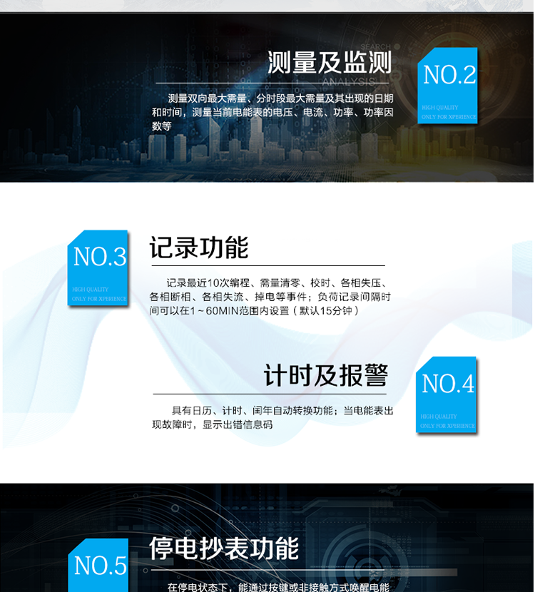 產(chǎn)品特點(diǎn)
采用專利技術(shù)開(kāi)關(guān)電源供電，寬電壓工作范圍
采用獨(dú)有的抗浪涌措施，防雷性能強(qiáng)
功耗低，整機(jī)功耗<=1W、2VA，溫升低，整機(jī)壽命長(zhǎng)
抗過(guò)壓能力強(qiáng)，避免接錯(cuò)線或弄錯(cuò)電壓等級(jí)而損壞電表，且能支持高過(guò)載倍數(shù)
板間無(wú)接插件，連接可靠；主機(jī)經(jīng)過(guò)三防處理，能適應(yīng)復(fù)雜氣候，提高了整機(jī)壽命和平均無(wú)故障工作時(shí)間
采用雙物理器件存儲(chǔ)參數(shù)、計(jì)費(fèi)電能數(shù)據(jù)；每個(gè)物理器件內(nèi)數(shù)據(jù)保存三份，確保在強(qiáng)干擾環(huán)境中參數(shù)和計(jì)費(fèi)數(shù)據(jù)完整、可靠
接口功能豐富：可提供雙路RS485接口，雙路負(fù)荷報(bào)警接口，四路電能脈沖輸出，一路時(shí)鐘脈沖輸出，停電抄表輸入
豐富的軟件模塊，功能擴(kuò)展方便，可擴(kuò)展電壓及功率因數(shù)合格率等電能質(zhì)量數(shù)據(jù)、可存儲(chǔ)半年以上的大容量負(fù)荷曲線數(shù)據(jù)等
采用模塊化設(shè)計(jì)，GPRS/CDMA模塊與計(jì)量模塊獨(dú)立，安裝方便，可后期擴(kuò)充
采用業(yè)內(nèi)先進(jìn)的GPRS/CDMA模塊，可快速安全的實(shí)現(xiàn)數(shù)據(jù)連接，永久在線
可以當(dāng)?shù)?遠(yuǎn)方修改參數(shù)，并且支持當(dāng)?shù)?遠(yuǎn)方軟件在線升級(jí)
支持GPRS、CSD、SMS、CDMA等通訊方式，并支持VPN虛擬專網(wǎng)及公網(wǎng)等多種組網(wǎng)模式
采用超級(jí)電容和鋰電池兩種停電后備方式，保證停電報(bào)警功能可靠
綜合防竊電功能：
    硬件方面：采用防竊電外殼，并有相應(yīng)的施封點(diǎn)，用電戶在不破壞鉛封的前提下，無(wú)法改動(dòng)電壓電流線，也無(wú)法對(duì)編程按鍵操作來(lái)改動(dòng)電表參數(shù)
    軟件方面：三級(jí)密碼防護(hù)
在線實(shí)時(shí)監(jiān)測(cè)，并通過(guò)用電異常信息的記錄及主動(dòng)上傳（通過(guò)GPRS/CDMA網(wǎng)絡(luò)上傳失壓、斷相、掉電/上電、過(guò)壓等異常事件）進(jìn)行防竊電報(bào)警
電表自檢信息記錄及上報(bào)（硬件故障、時(shí)鐘故障、電池電壓低等）